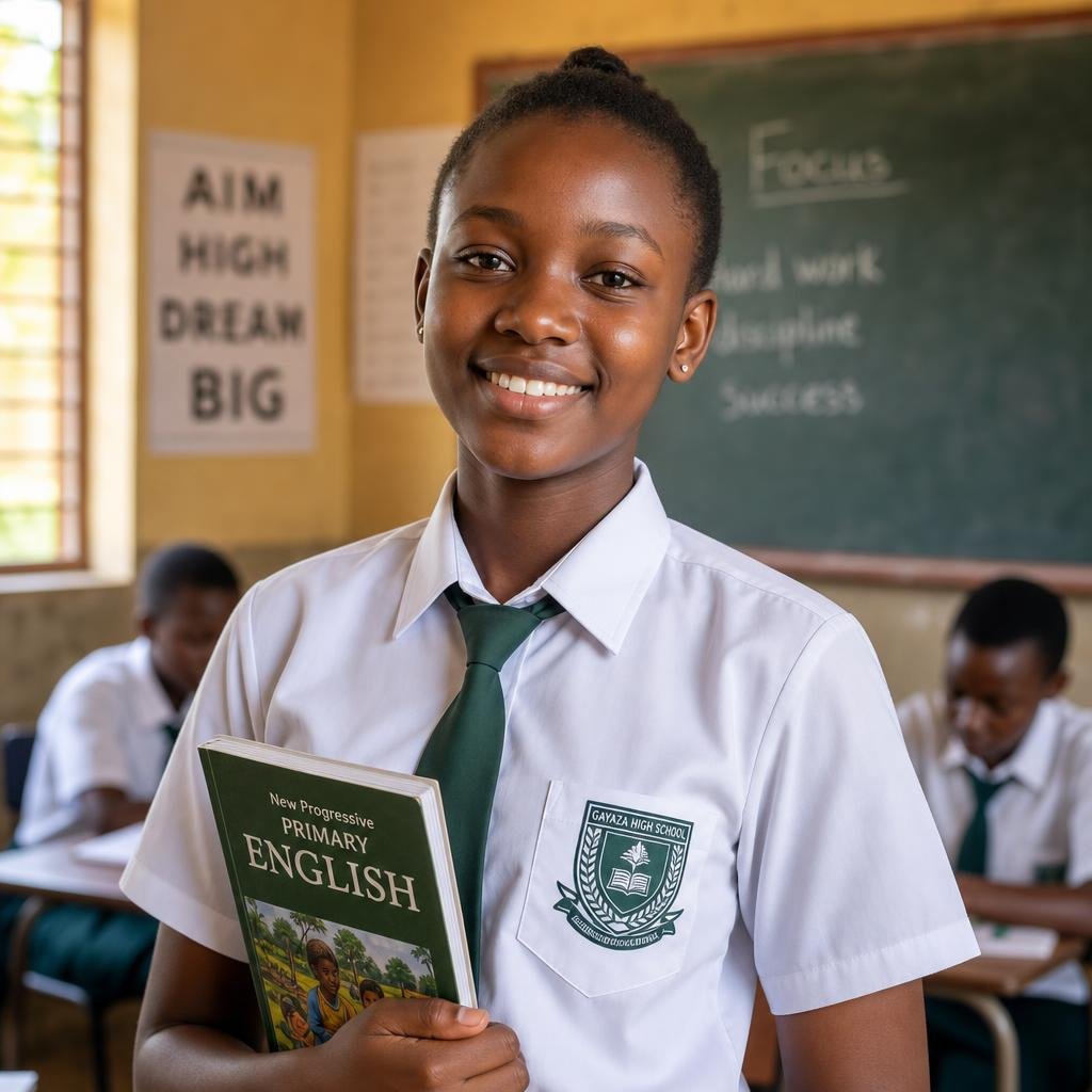 Bright student in uniform holding a book