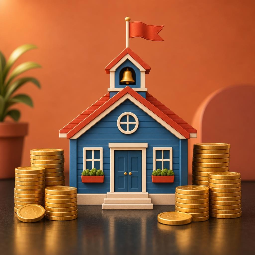 Illustration of a schoolhouse surrounded by stacked coins