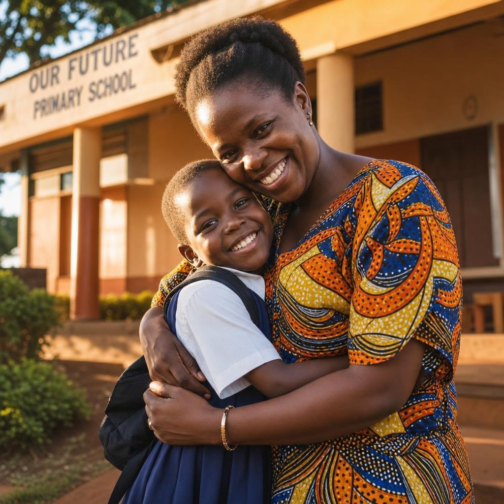 A joyful mother hugging her smiling child in school uniform